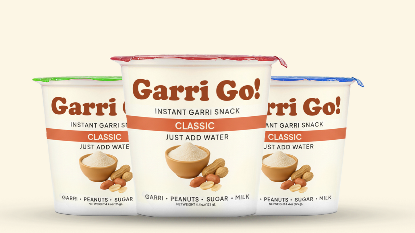 Three containers of Garri Go! instant garri snack on a beige background