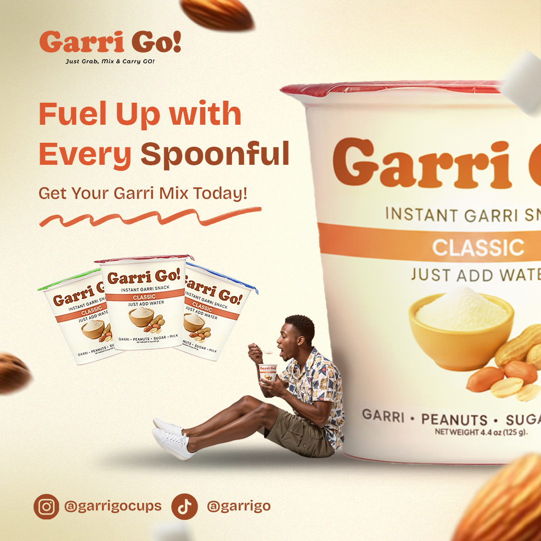 Advertisement for Garri Go! instant garri snack with packaging and a person holding a container.