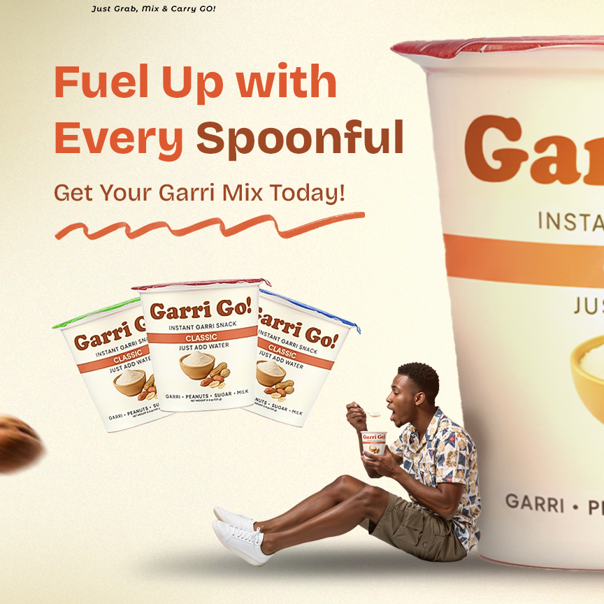 Advertisement for Garri Go! instant garri snack with packaging and a person holding a container.