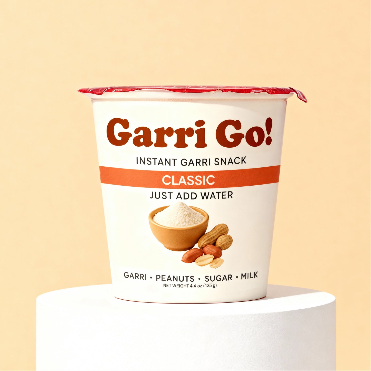 Garri Go! instant garri snack container on a beige background