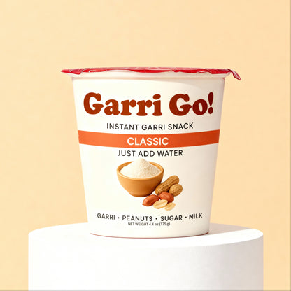 Garri Go! instant garri snack container on a beige background